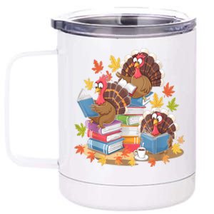 Turkey Reading Books Fall Season Thanksgiving Teacher Book 12 oz Stainless Steel Tumbler Cup