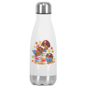 Turkey Reading Books Fall Season Thanksgiving Teacher Book Stainless Steel Insulated Water Bottle