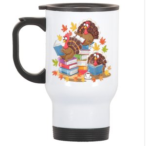 Turkey Reading Books Fall Season Thanksgiving Teacher Book Stainless Steel Travel Mug