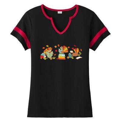 Turkey Reading Books Fall Thanksgiving Teacher Ladies Halftime Notch Neck Tee