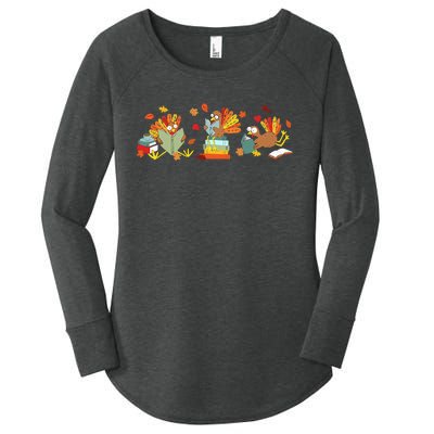 Turkey Reading Books Fall Thanksgiving Teacher Women's Perfect Tri Tunic Long Sleeve Shirt