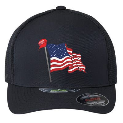 Trump Red Baseball Cap On An American Flag American Pride Flexfit Unipanel Trucker Cap