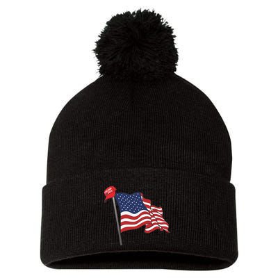 Trump Red Baseball Cap On An American Flag American Pride Pom Pom 12in Knit Beanie