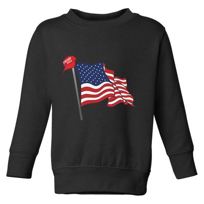 Trump Red Baseball Cap On An American Flag American Pride Toddler Sweatshirt