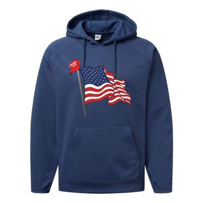 Trump Red Baseball Cap On An American Flag American Pride Performance Fleece Hoodie