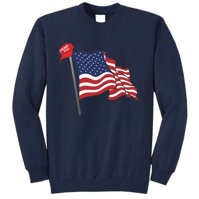 Trump Red Baseball Cap On An American Flag American Pride Tall Sweatshirt