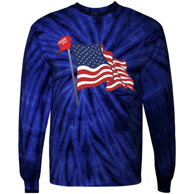 Trump Red Baseball Cap On An American Flag American Pride Tie-Dye Long Sleeve Shirt