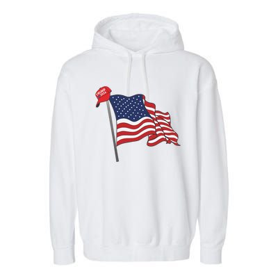 Trump Red Baseball Cap On An American Flag American Pride Garment-Dyed Fleece Hoodie