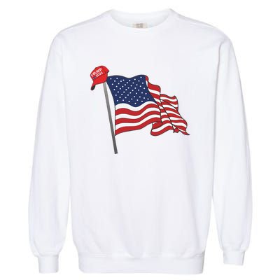 Trump Red Baseball Cap On An American Flag American Pride Garment-Dyed Sweatshirt