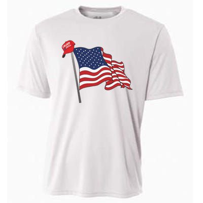 Trump Red Baseball Cap On An American Flag American Pride Cooling Performance Crew T-Shirt