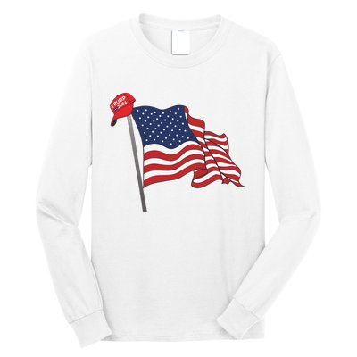 Trump Red Baseball Cap On An American Flag American Pride Long Sleeve Shirt