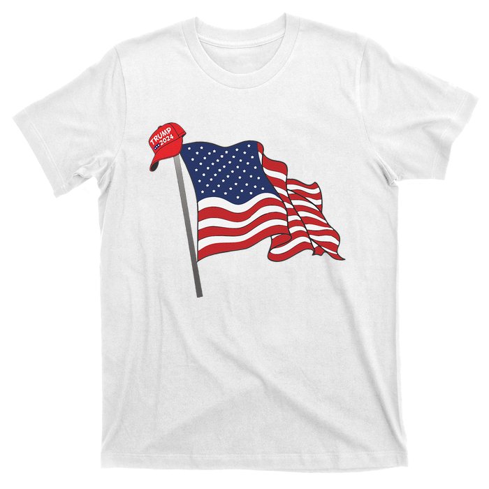 Trump Red Baseball Cap On An American Flag American Pride T-Shirt