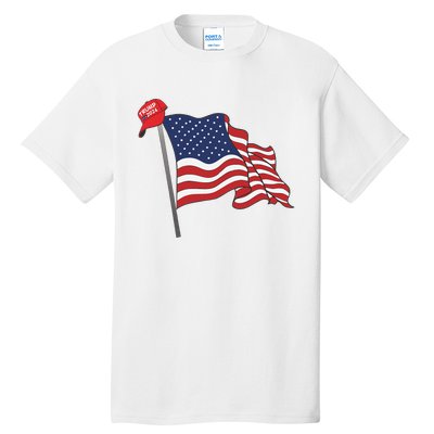 Trump Red Baseball Cap On An American Flag American Pride Tall T-Shirt