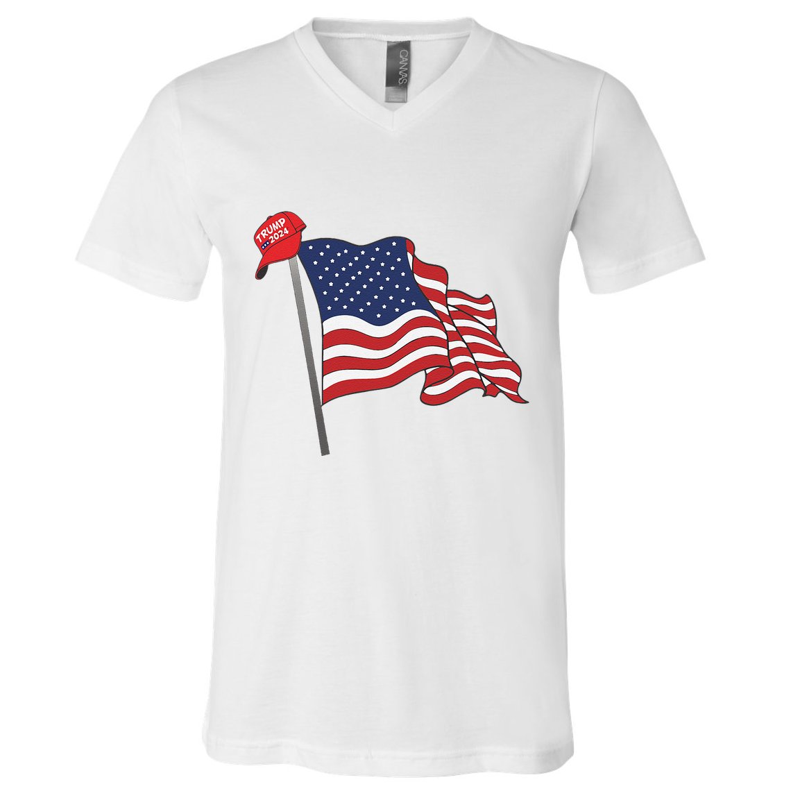 Trump Red Baseball Cap On An American Flag American Pride V-Neck T-Shirt