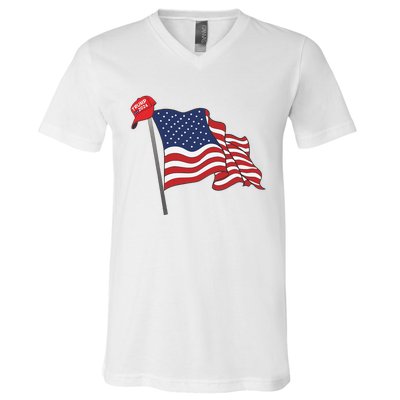 Trump Red Baseball Cap On An American Flag American Pride V-Neck T-Shirt