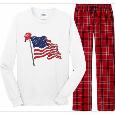 Trump Red Baseball Cap On An American Flag American Pride Long Sleeve Pajama Set