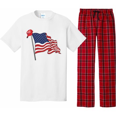 Trump Red Baseball Cap On An American Flag American Pride Pajama Set