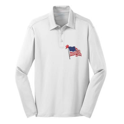 Trump Red Baseball Cap On An American Flag American Pride Silk Touch Performance Long Sleeve Polo