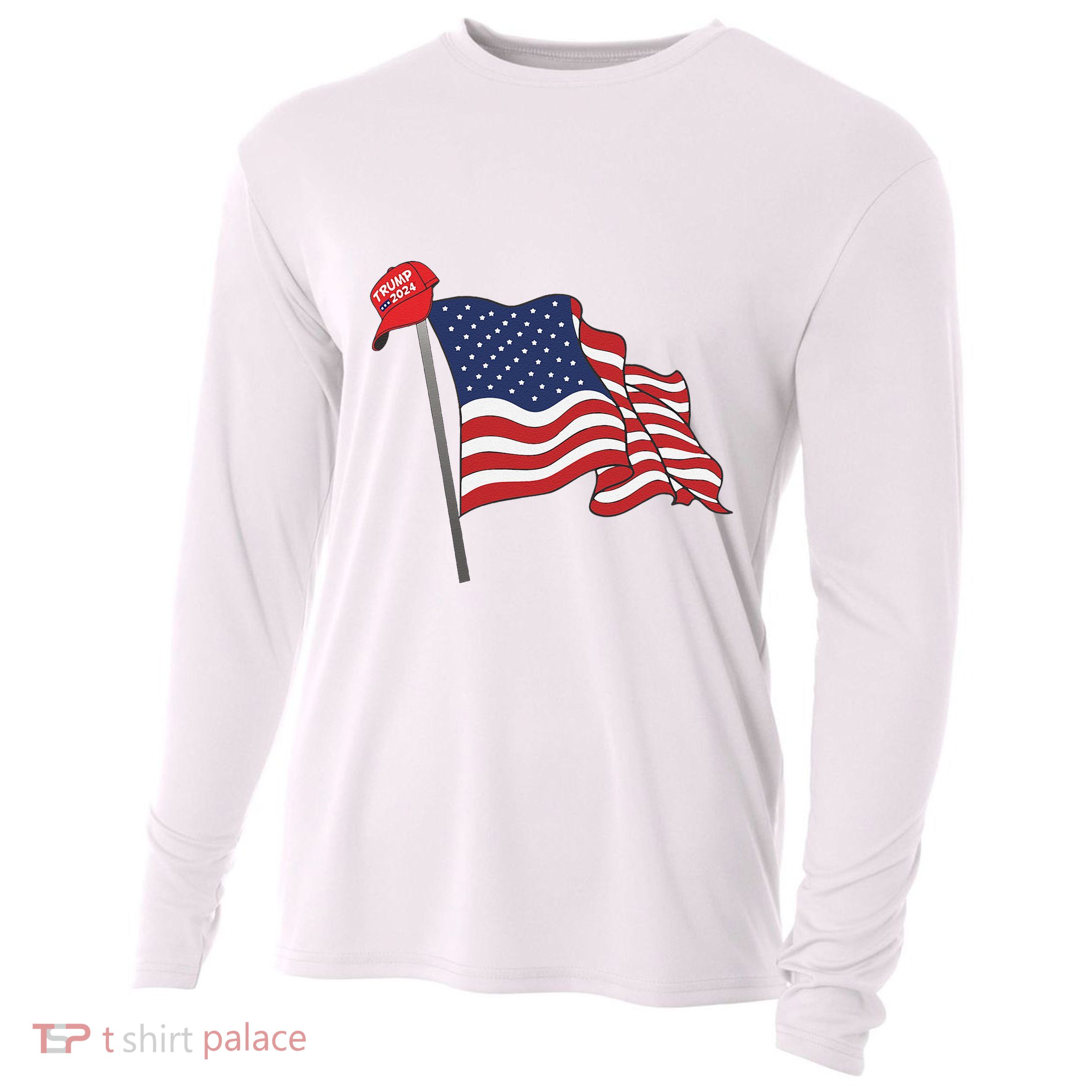 Trump Red Baseball Cap On An American Flag American Pride Cooling Performance Long Sleeve Crew