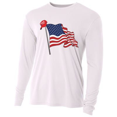 Trump Red Baseball Cap On An American Flag American Pride Cooling Performance Long Sleeve Crew