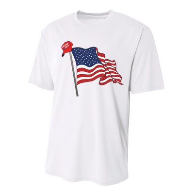 Trump Red Baseball Cap On An American Flag American Pride Performance Sprint T-Shirt