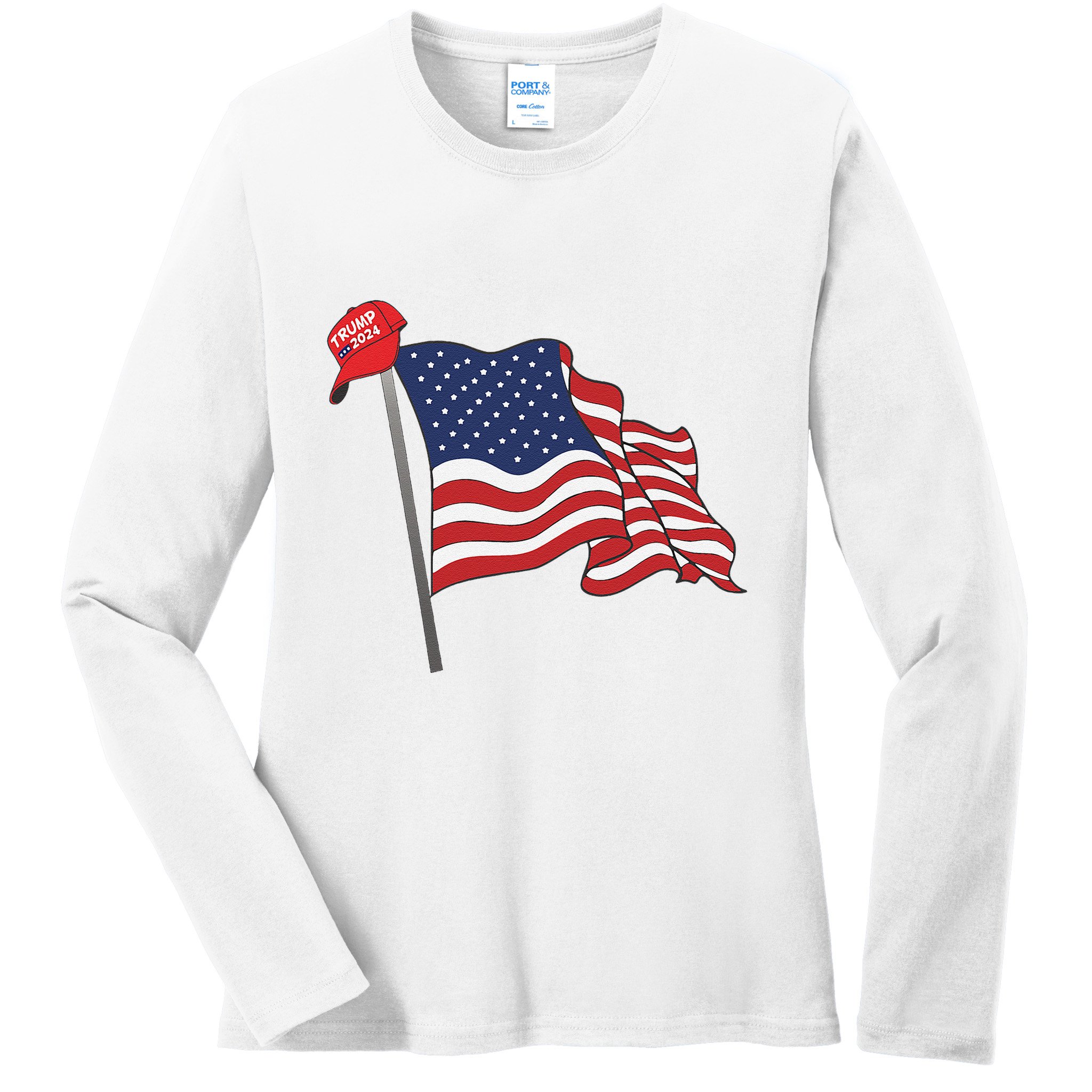Trump Red Baseball Cap On An American Flag American Pride Ladies Long Sleeve Shirt