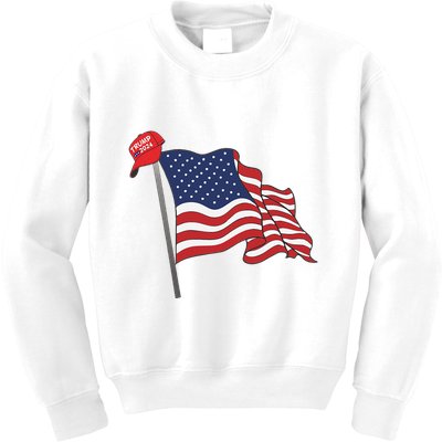 Trump Red Baseball Cap On An American Flag American Pride Kids Sweatshirt