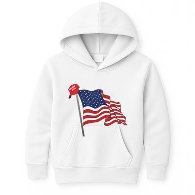 Trump Red Baseball Cap On An American Flag American Pride Kids Hoodie