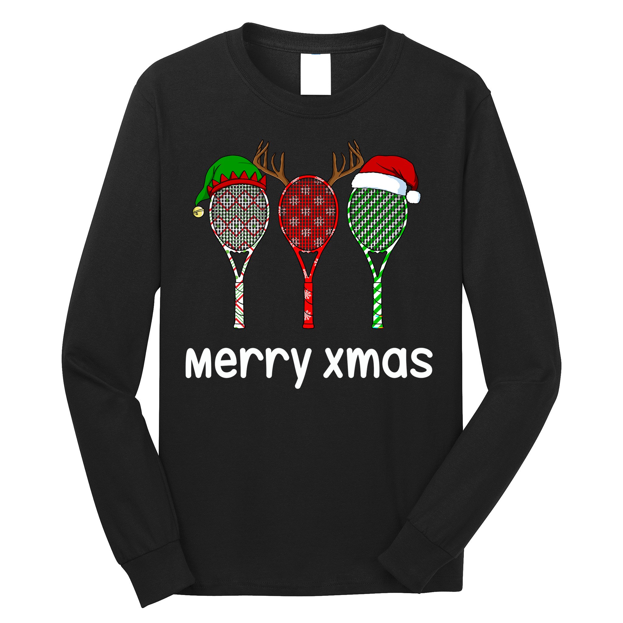 Tennis Racket Christmas Hat Reindeer Anlter Game Sport Sweatshirt Long Sleeve Shirt