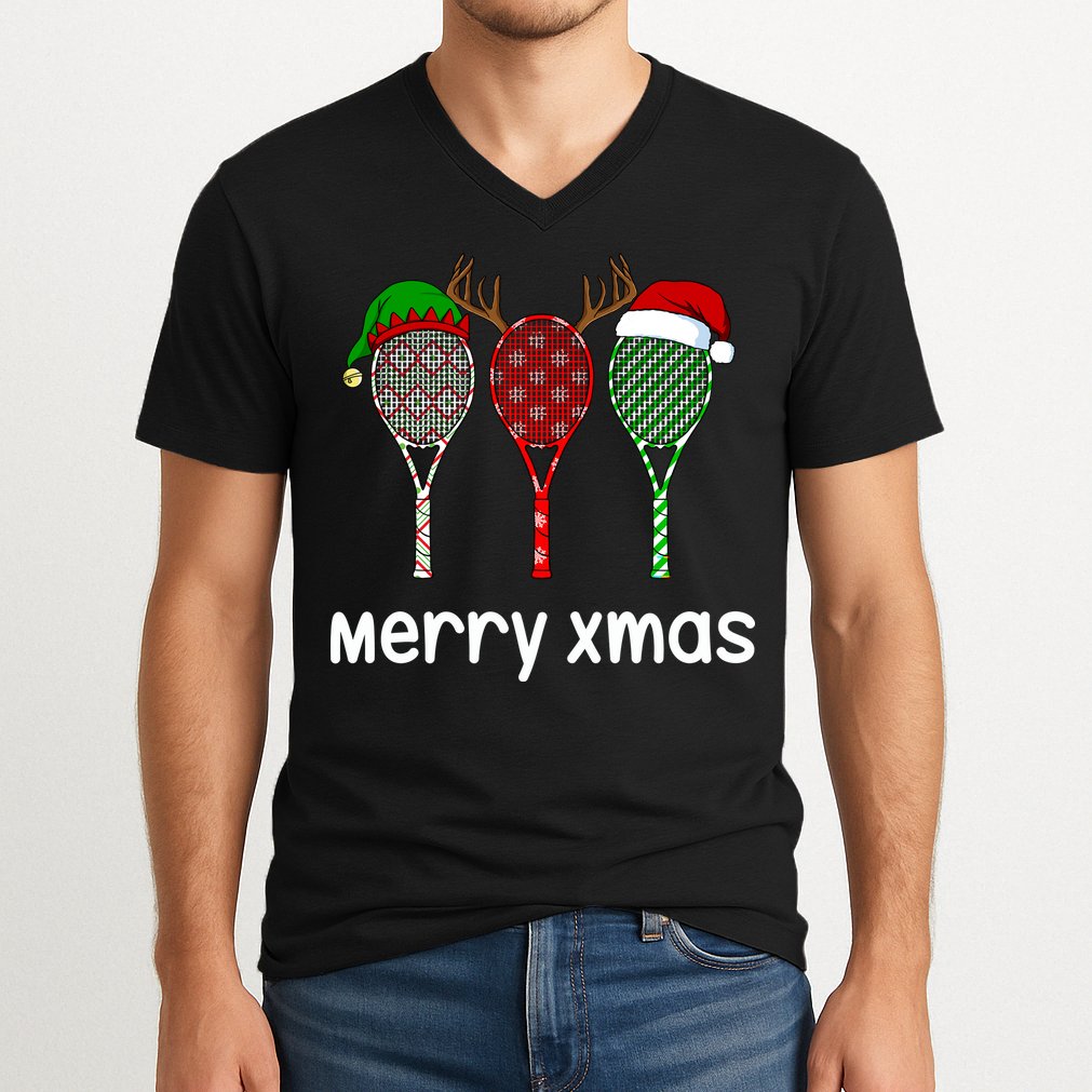 Tennis Racket Christmas Hat Reindeer Anlter Game Sport Sweatshirt V-Neck T-Shirt