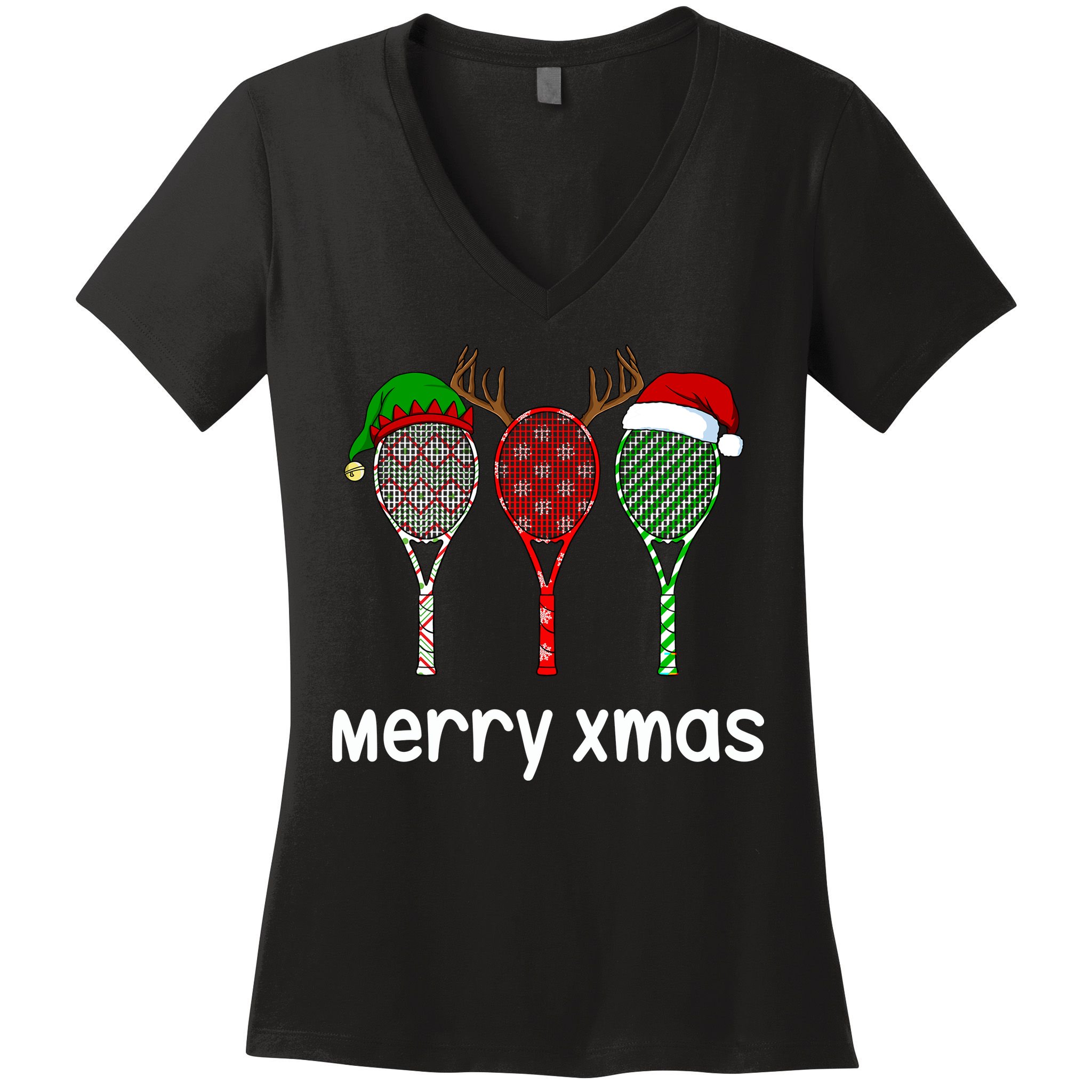 Tennis Racket Christmas Hat Reindeer Anlter Game Sport Sweatshirt Women's V-Neck T-Shirt