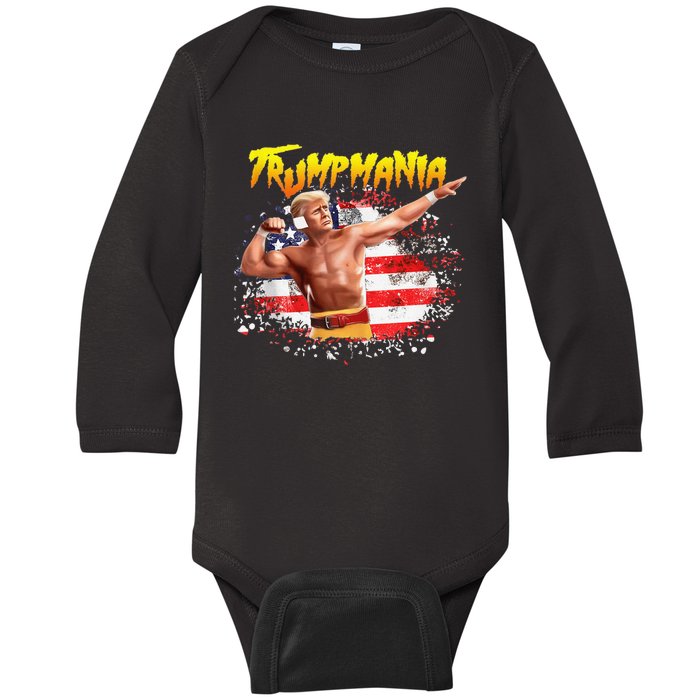 Trump Republican Convention Wrestling Meme Trumpamania Us Flag Background Baby Long Sleeve Bodysuit