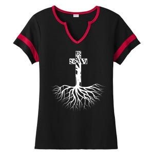 Tree Root Christian Cross Ladies Halftime Notch Neck Tee