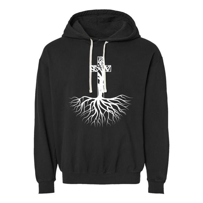 Tree Root Christian Cross Garment-Dyed Fleece Hoodie