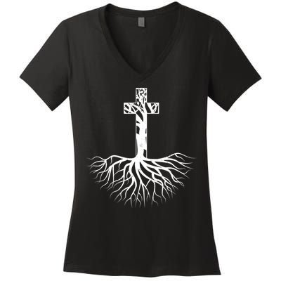 Tree Root Christian Cross Women's V-Neck T-Shirt