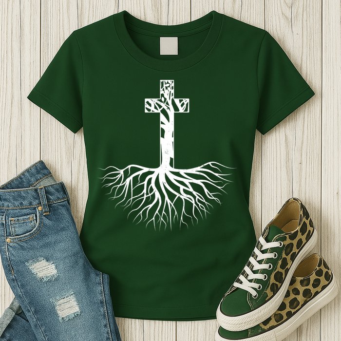 Tree Root Christian Cross Womens T-Shirt
