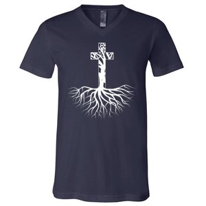 Tree Root Christian Cross V-Neck T-Shirt