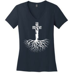 Tree Root Christian Cross Women's V-Neck T-Shirt