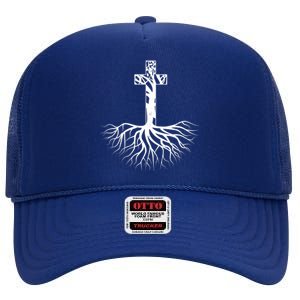 Tree Root Christian Cross High Crown Mesh Back Trucker Hat