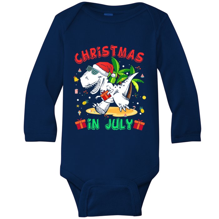 T Rex Christmas In July for Boy Dinosaur Baby Long Sleeve Bodysuit