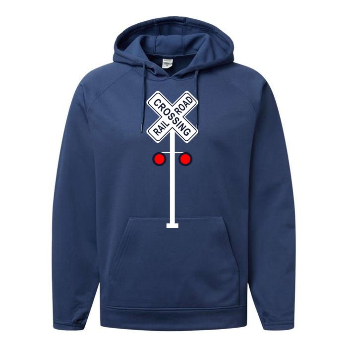 Train Railroad Crossing With Lights Road Sign Performance Fleece Hoodie