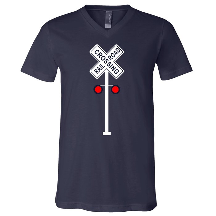 Train Railroad Crossing With Lights Road Sign V-Neck T-Shirt