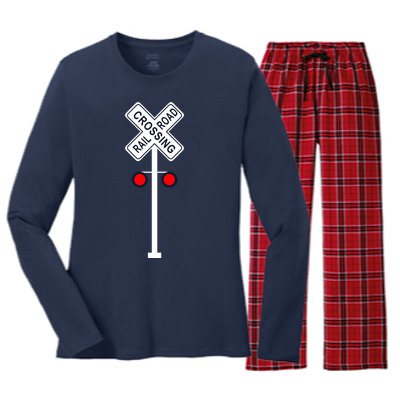 Train Railroad Crossing With Lights Road Sign Women's Long Sleeve Flannel Pajama Set 