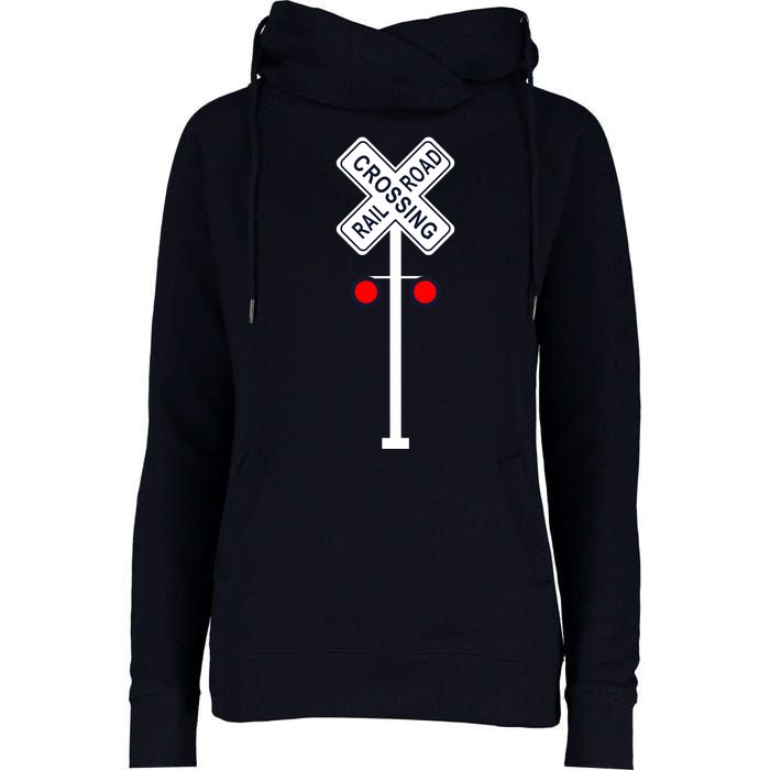 Train Railroad Crossing With Lights Road Sign Womens Funnel Neck Pullover Hood