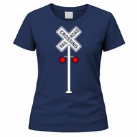 Train Railroad Crossing With Lights Road Sign Women's T-Shirt