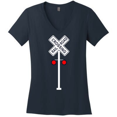 Train Railroad Crossing With Lights Road Sign Women's V-Neck T-Shirt