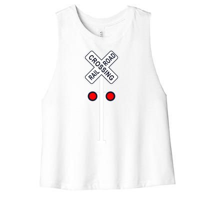 Train Railroad Crossing With Lights Road Sign Women's Racerback Cropped Tank