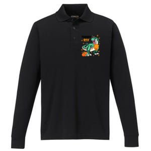 Turkey Rex Dinosaur T Rex Thanksgiving Pumpkin Gift Performance Long Sleeve Polo