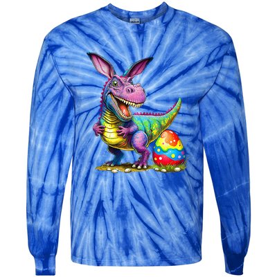 T Rex Dino Bunny Dinosaurs Hunt Eggs Happy Easter Tie-Dye Long Sleeve Shirt