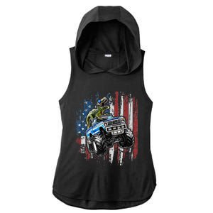 T Rex Dinosaur Monster Truck 4th of July American Flag Ladies PosiCharge Tri-Blend Wicking Draft Hoodie Tank